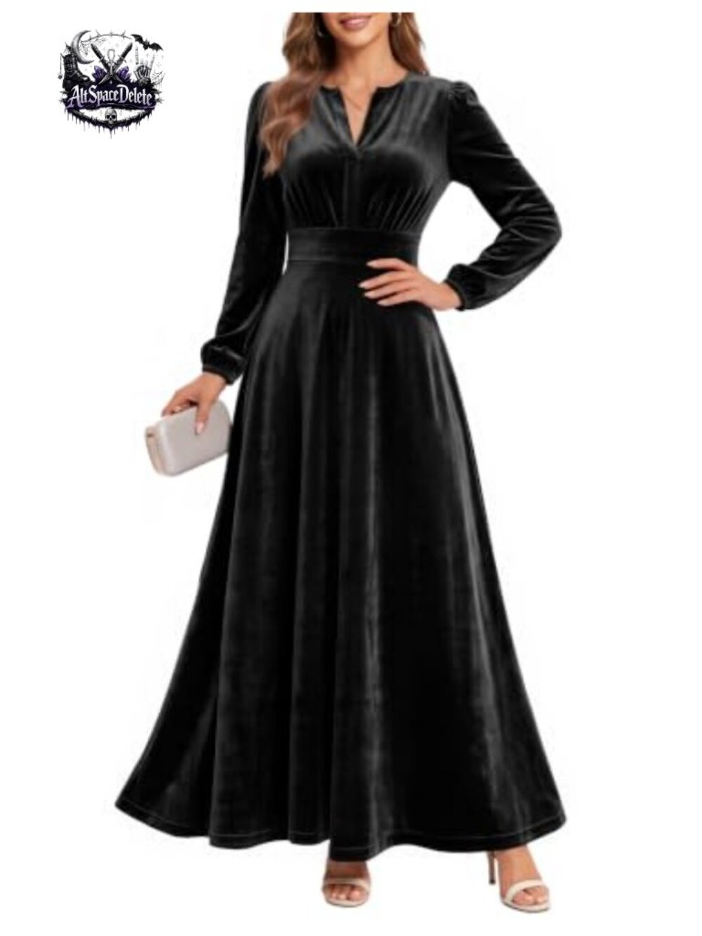 Velvet Maxi Dress V Neck Long Sleeve Empire Waist Formal Wedding Guest